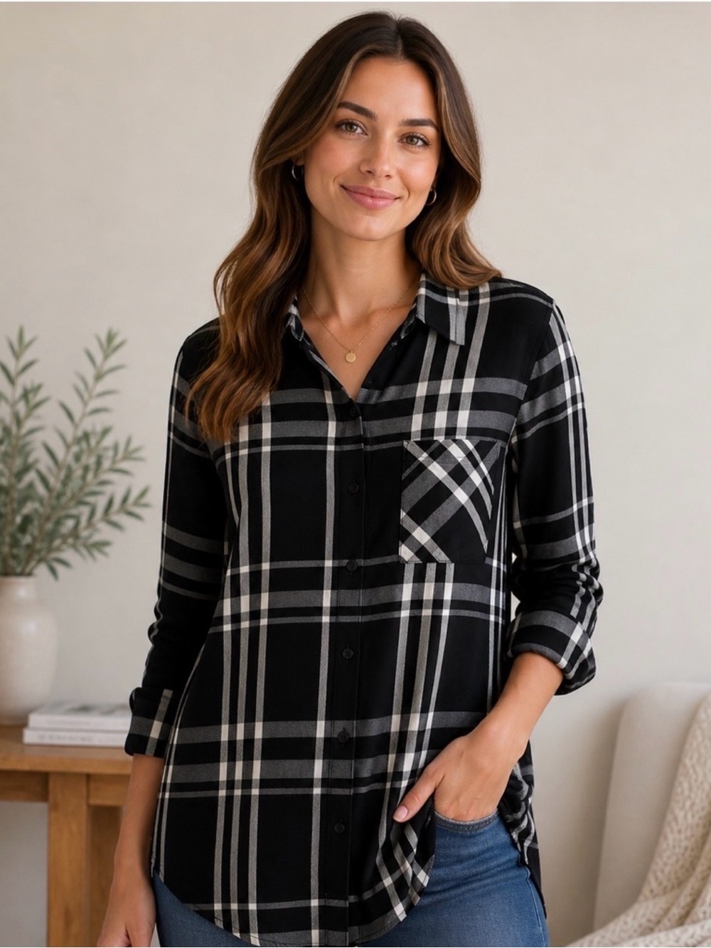 Black & White Plaid Button-Front Women's Shirt